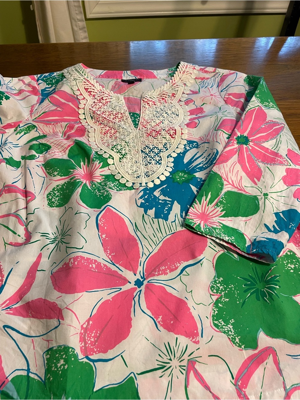 Talbots womens Floral Lace-Trim Tunic in Pink, Green & Blue